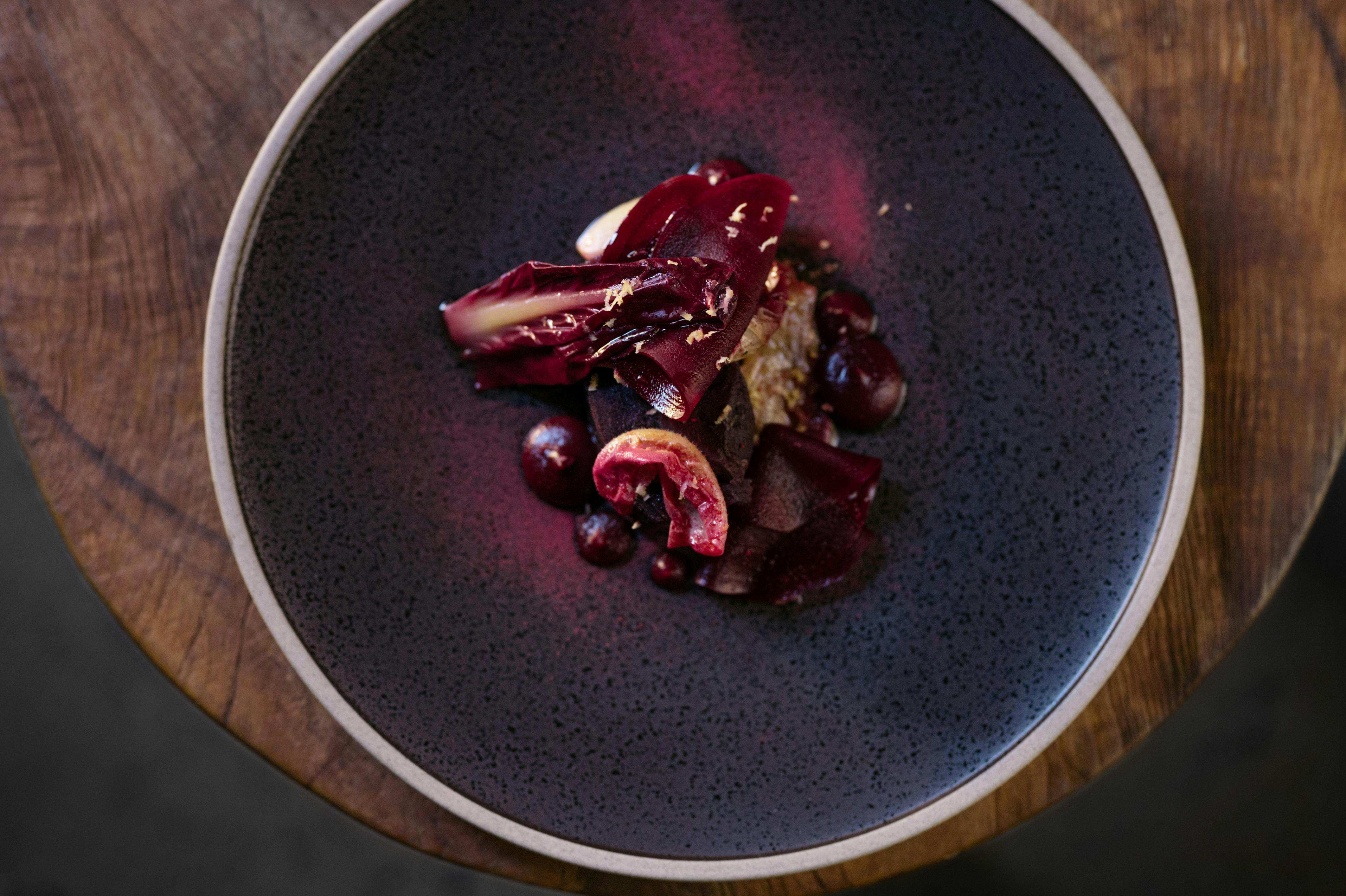 Restaurant roasted wagyu sirloin beetroot radicchio food dom cherry